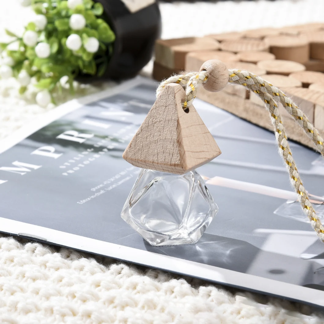 Different Shapes Cut Bottles 8ml Empty Hanging Freshener Pendant Car Decoration Custom Logo Vent Air Round Square Wooden Cap Glass Perfume Bottle Diffuser